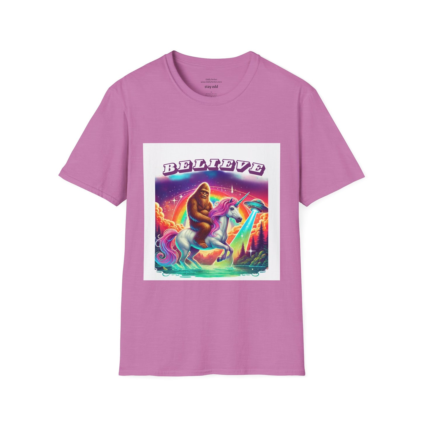 "Believe" Sasquatch Riding a Unicorn with UFO T-Shirt