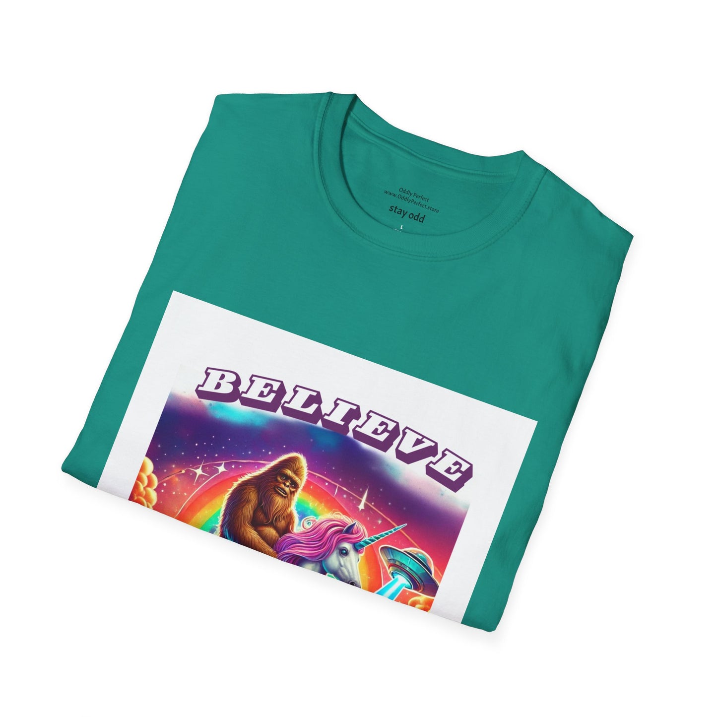 "Believe" Sasquatch Riding a Unicorn with UFO T-Shirt