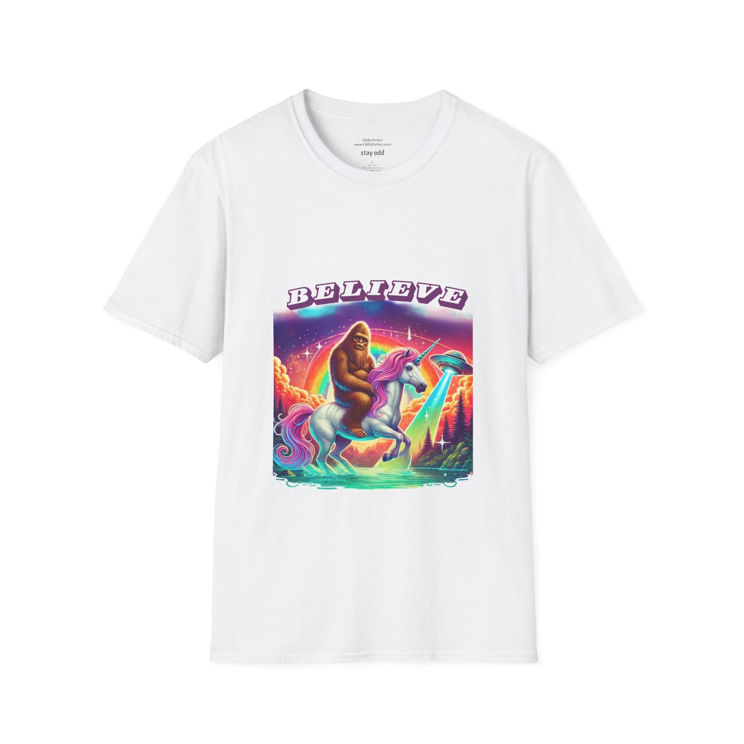 "Believe" Sasquatch Riding a Unicorn with UFO T-Shirt