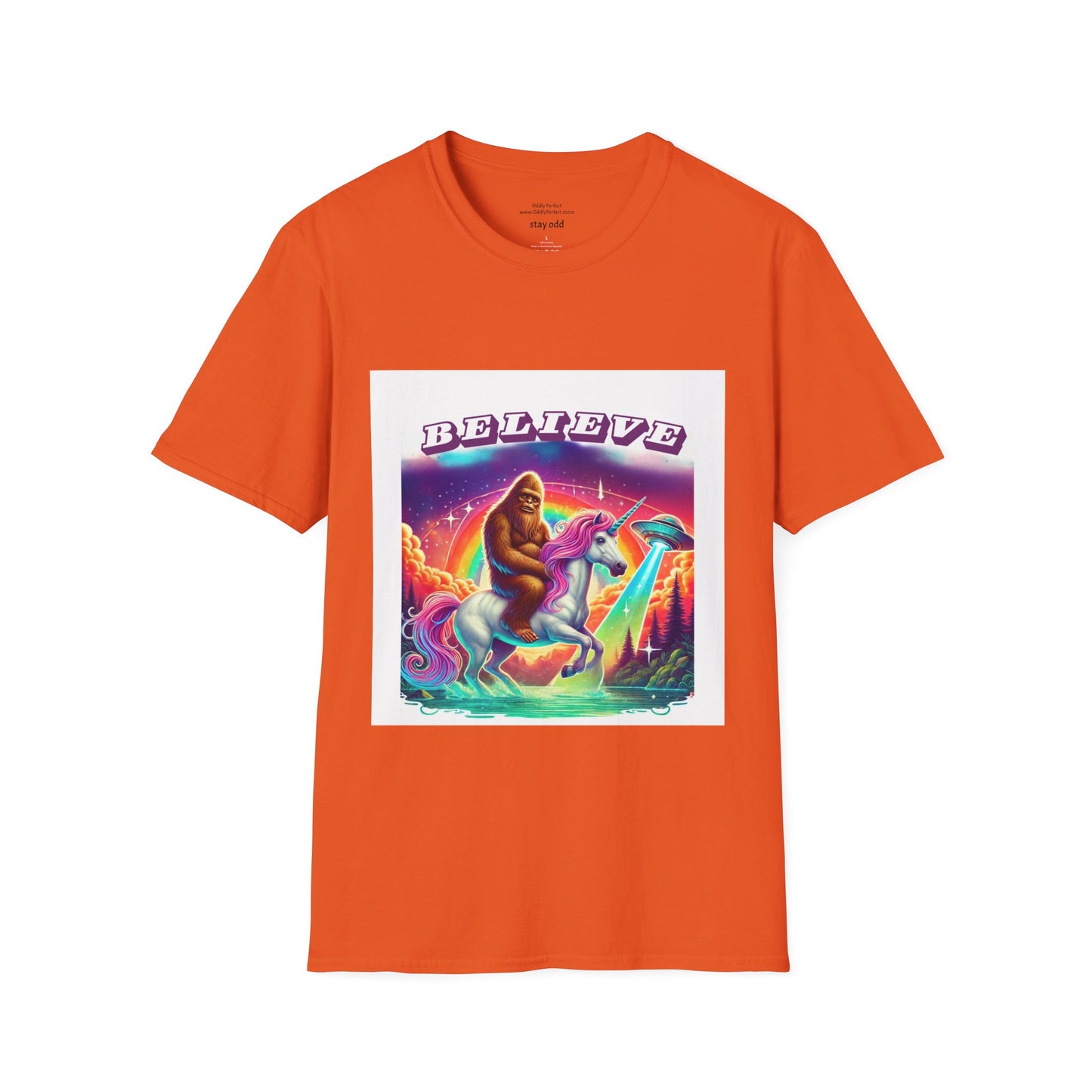 "Believe" Sasquatch Riding a Unicorn with UFO T-Shirt