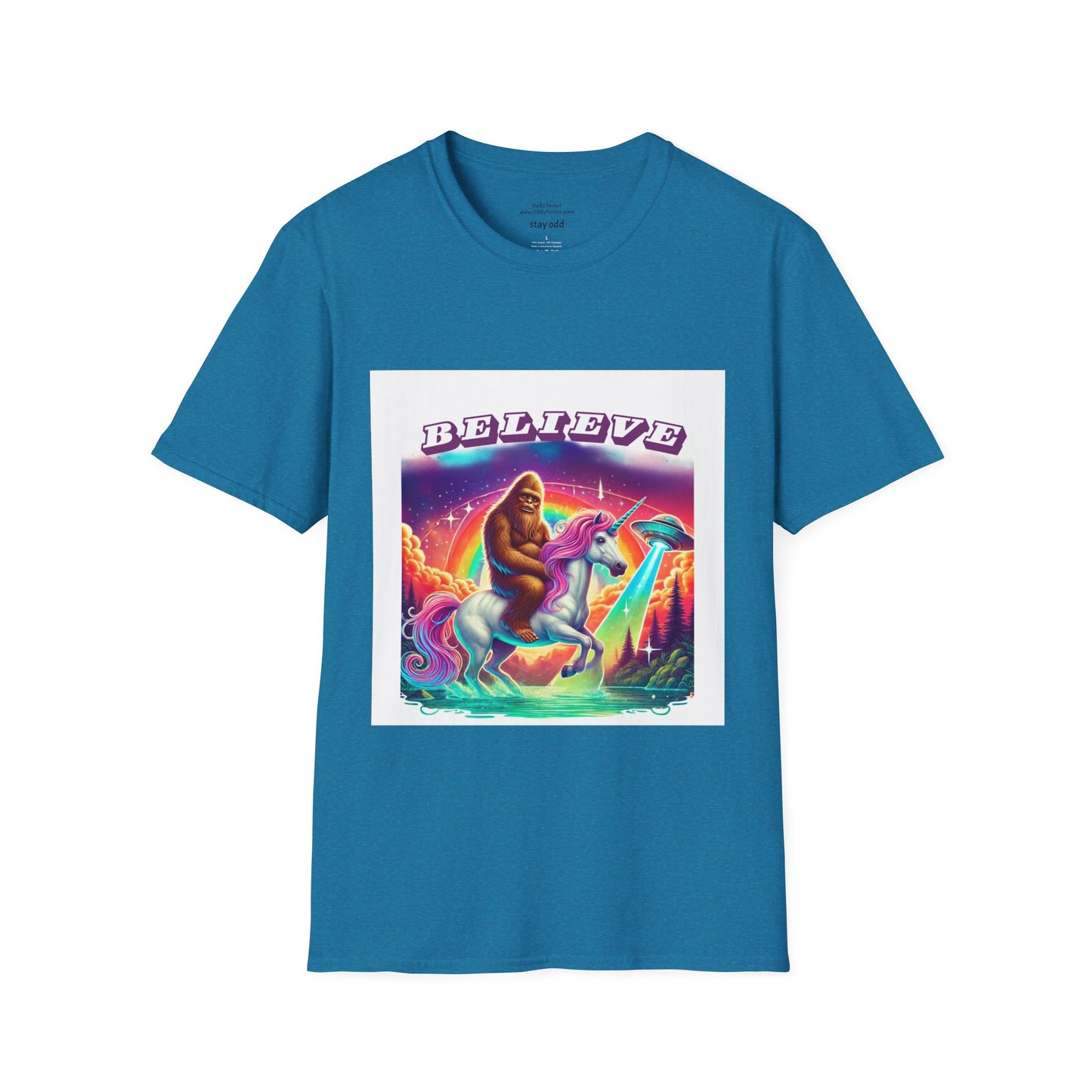 "Believe" Sasquatch Riding a Unicorn with UFO T-Shirt