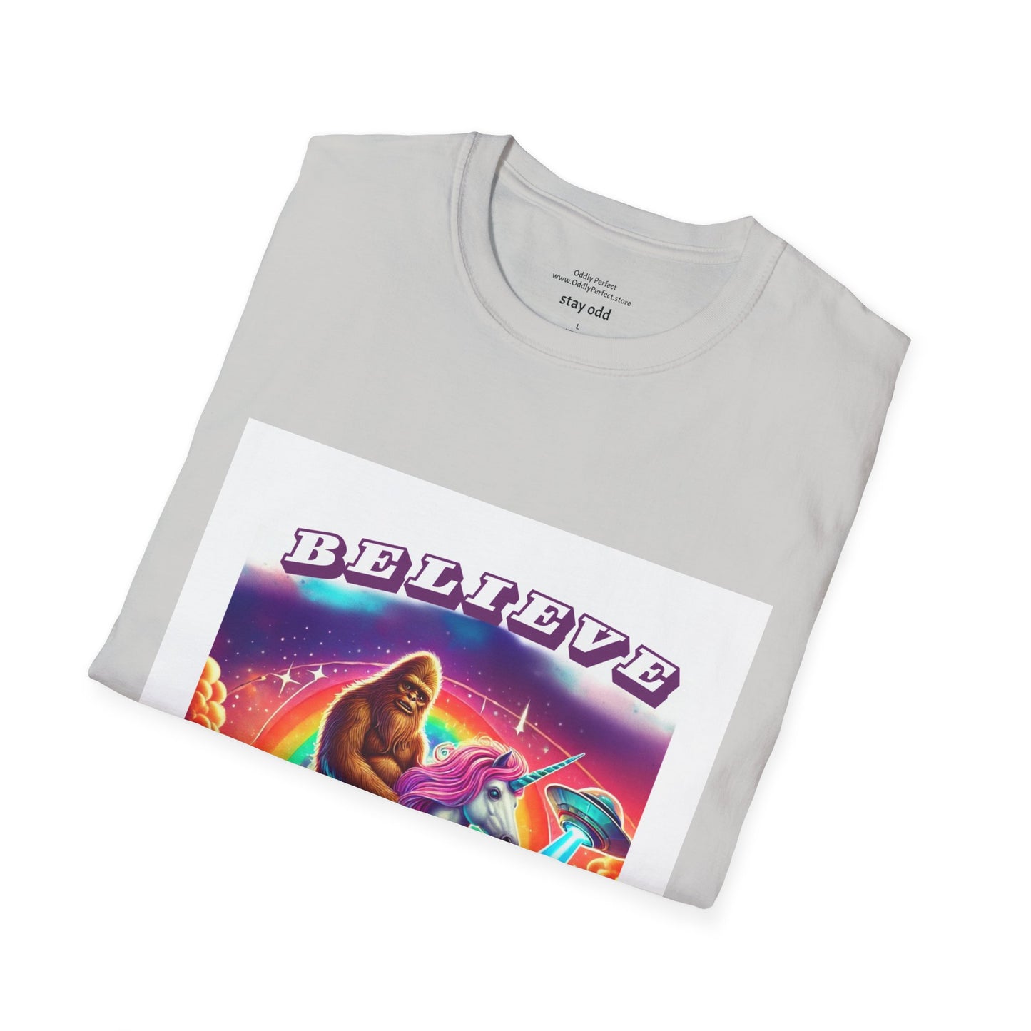 "Believe" Sasquatch Riding a Unicorn with UFO T-Shirt