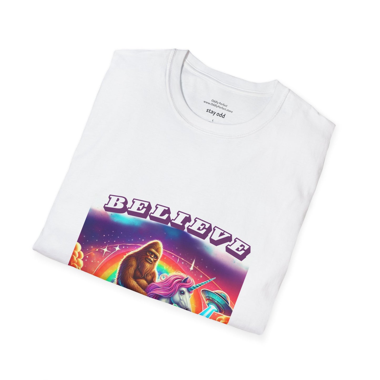 "Believe" Sasquatch Riding a Unicorn with UFO T-Shirt