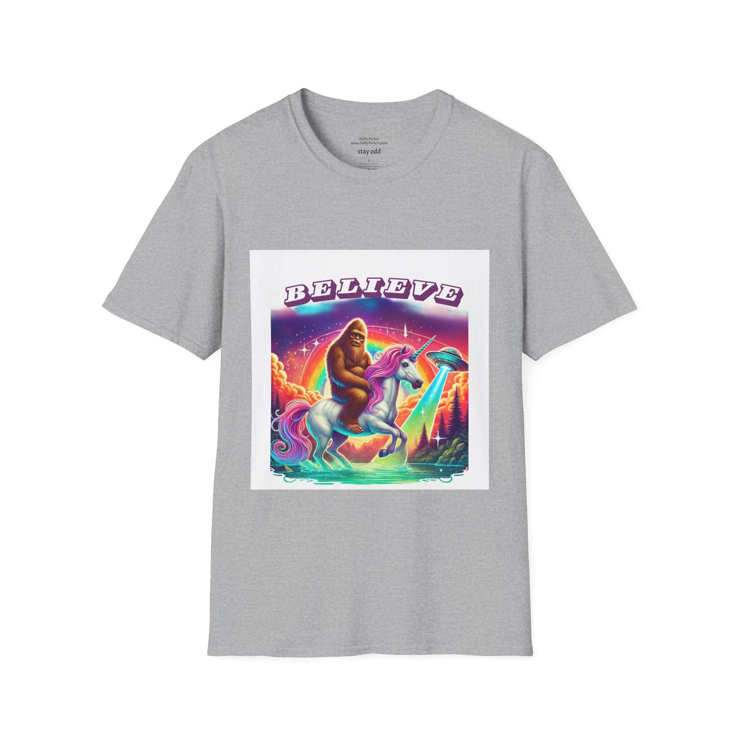 "Believe" Sasquatch Riding a Unicorn with UFO T-Shirt