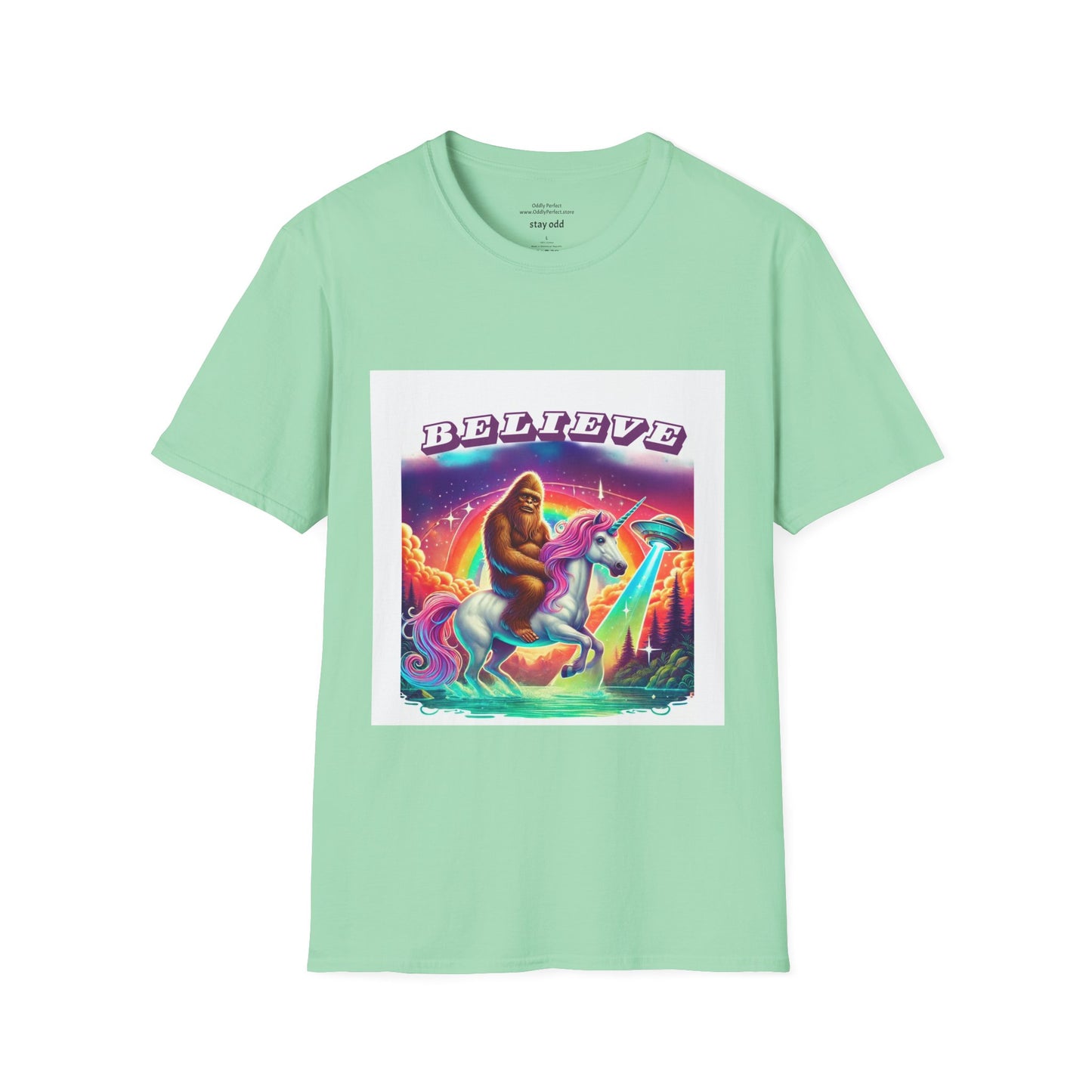 "Believe" Sasquatch Riding a Unicorn with UFO T-Shirt