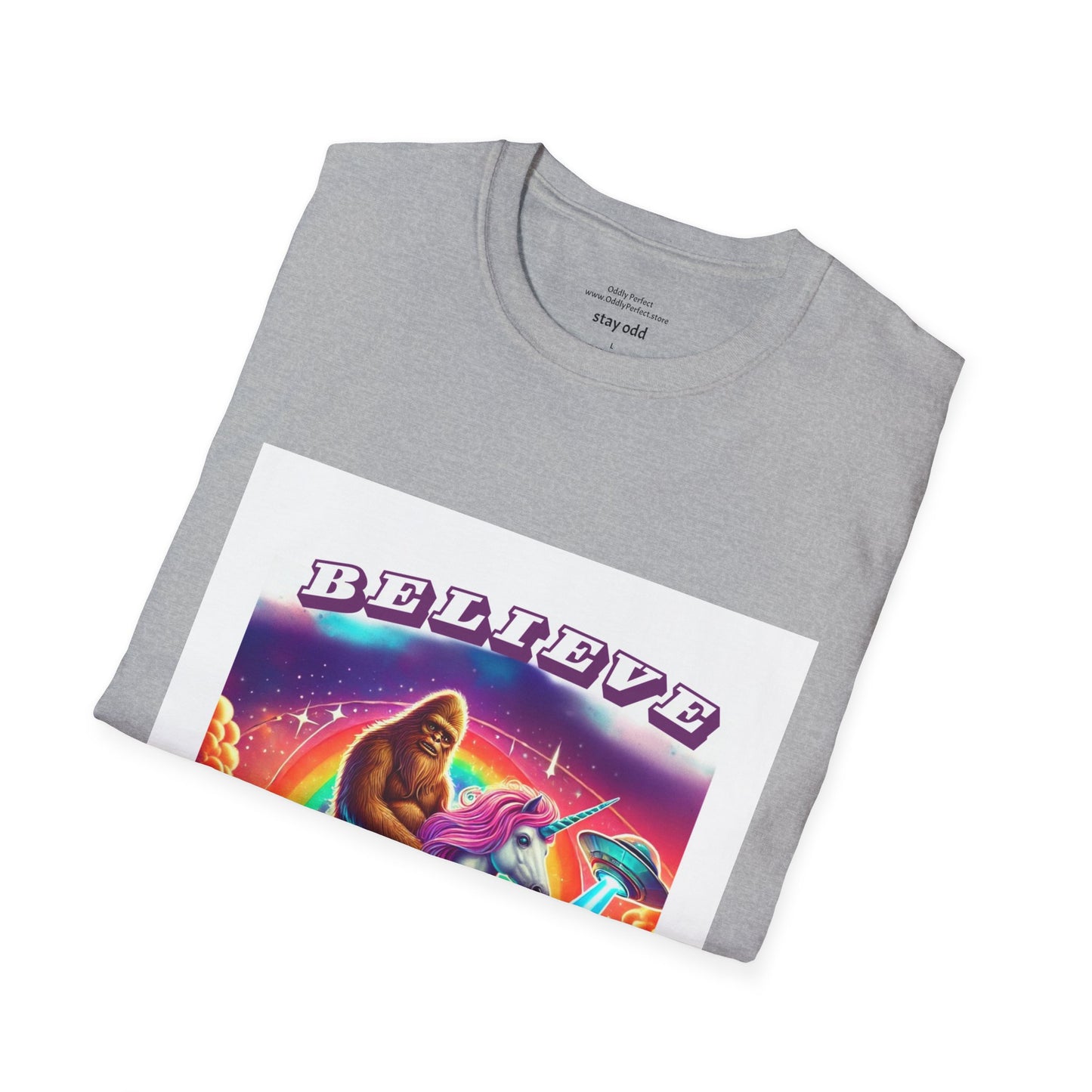 "Believe" Sasquatch Riding a Unicorn with UFO T-Shirt