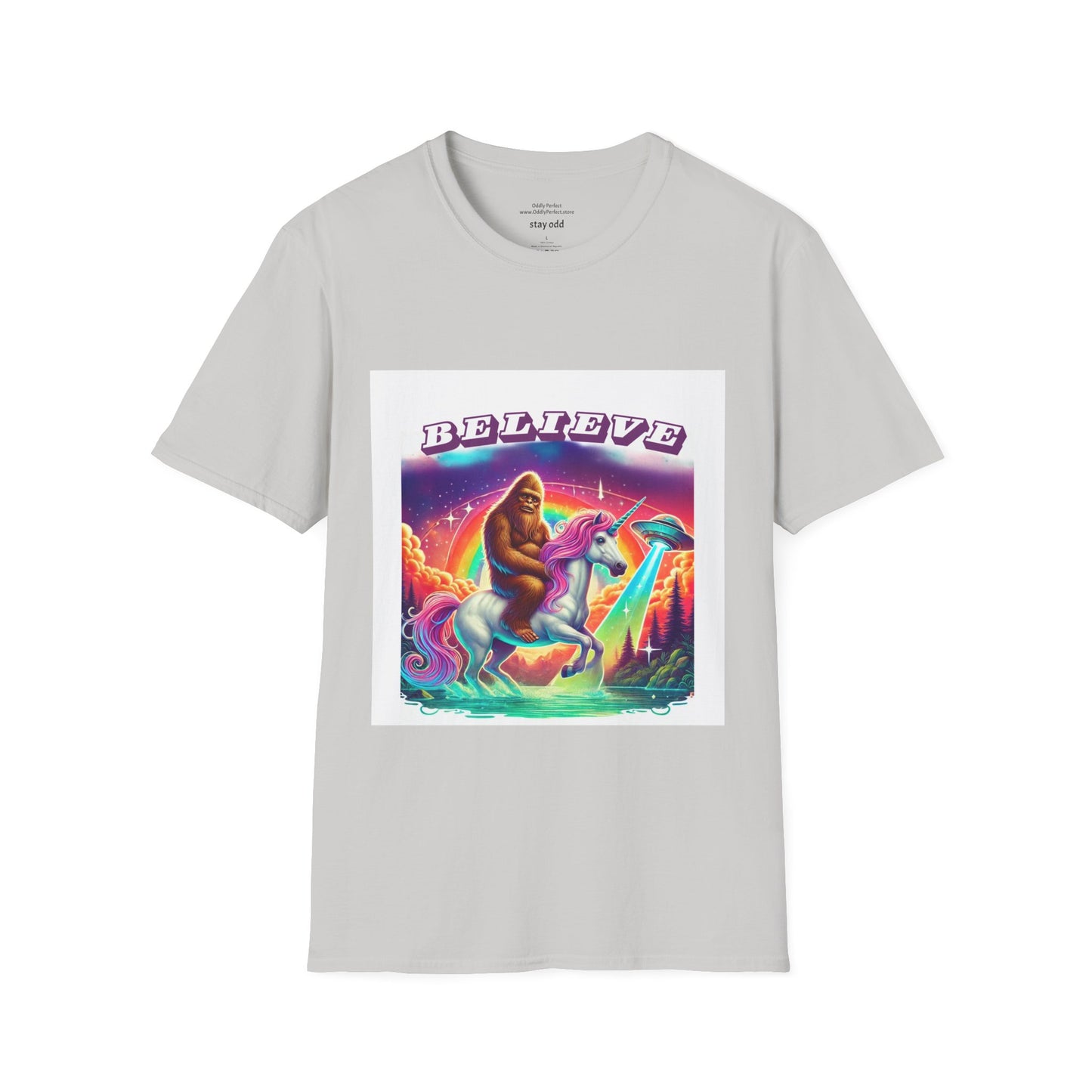 "Believe" Sasquatch Riding a Unicorn with UFO T-Shirt